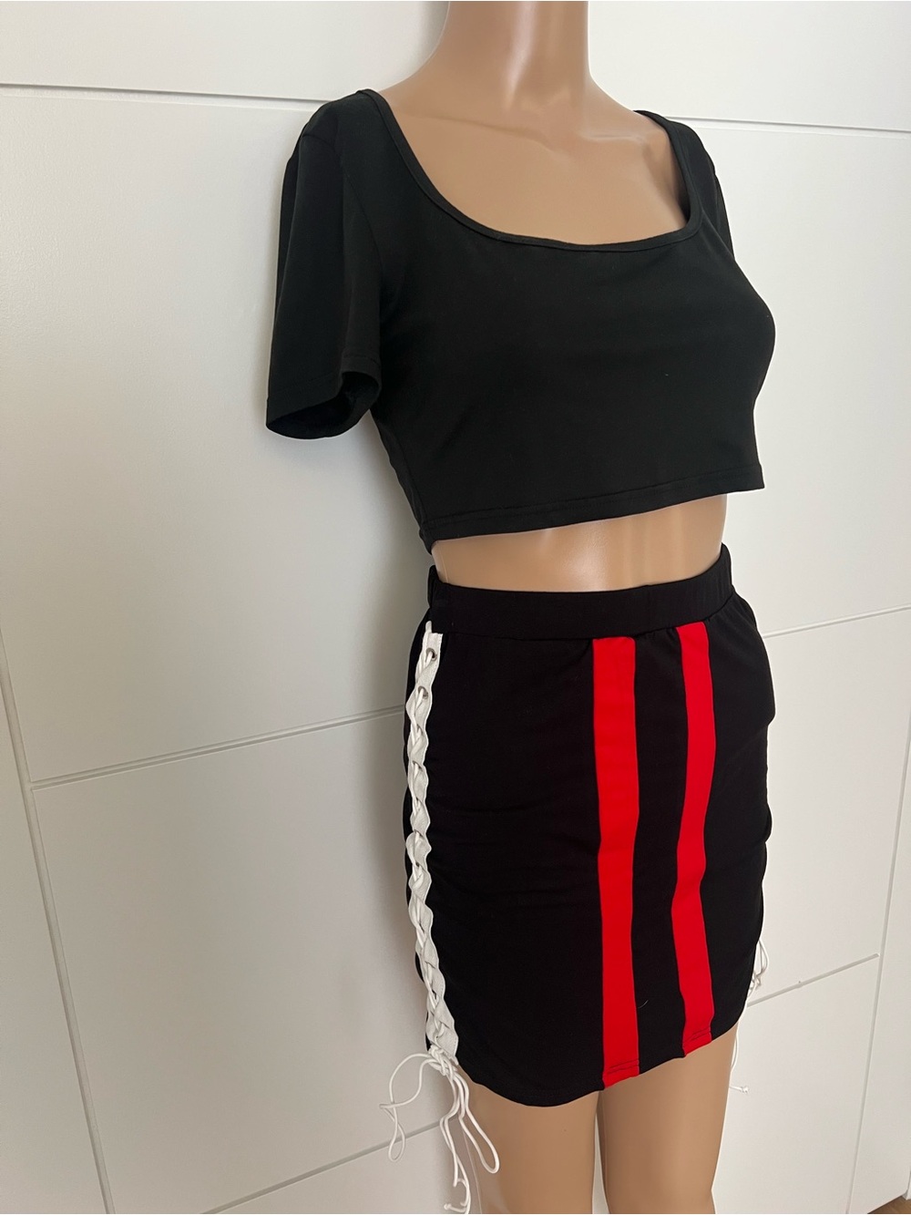 SHEIN Black Mini Skirt Set with Red Front Stripes and White Lace-Up Sides